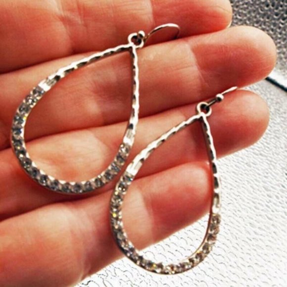 SILVERY LONG TEARDROP WITH CRYSTALS ON THE LOWER EDGE PIERCED EARRINGS 18 - Picture 2 of 2